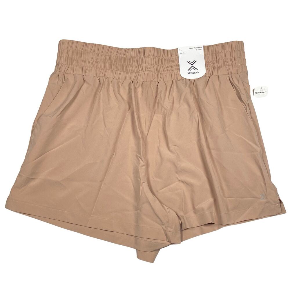 Xersion Shorts Women's Large Wide Waistband High Rise Quick Dri Taupe NWT Pocket